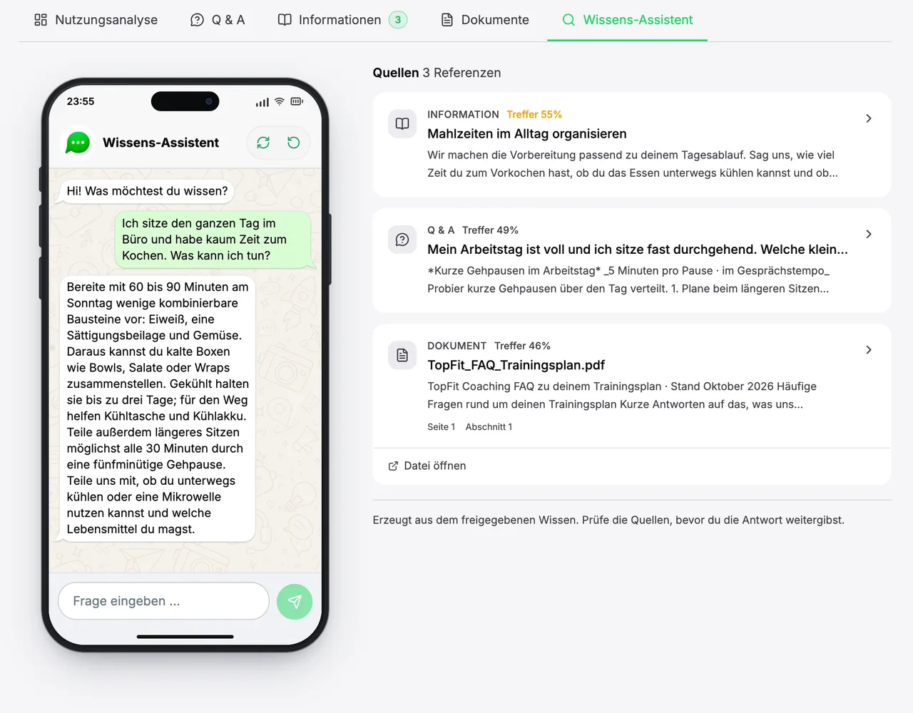 Wissens-Assistent: Auf die Frage, was man bei wenig Zeit zum Kochen tun kann, antwortet er und nennt daneben drei Quellen: eine Information, eine Q&A-Antwort und ein PDF-Dokument