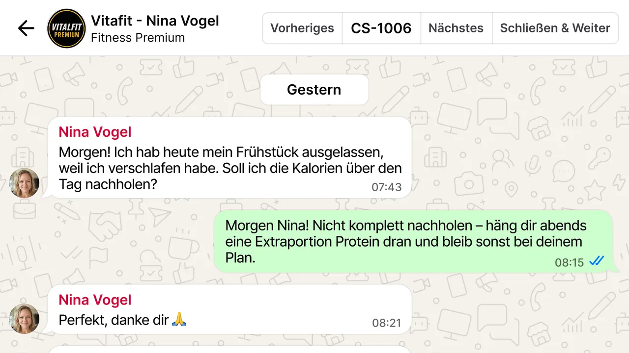 Ticket-Ansicht mit dem WhatsApp-Verlauf einer Kundin zum Thema Ernährung