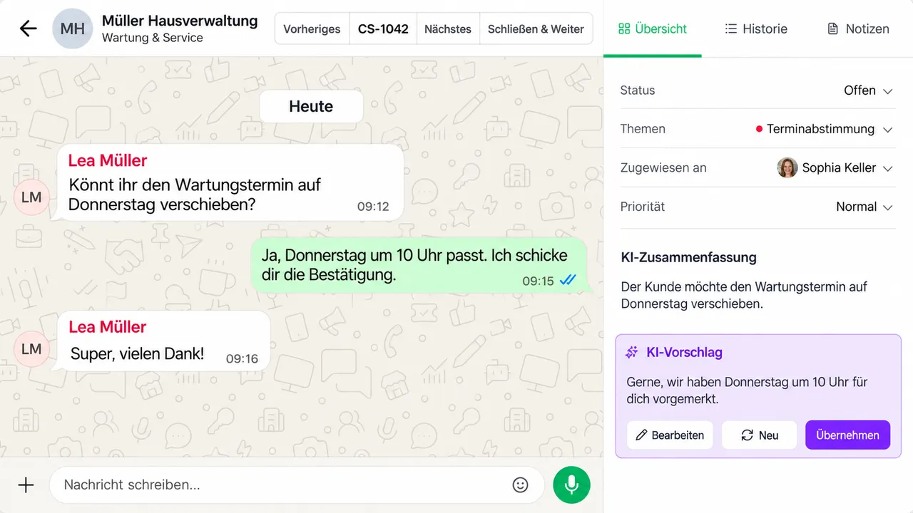 ChatSuite-Ticketansicht mit einer Kundenanfrage zur Terminverschiebung und einem KI-Antwortvorschlag