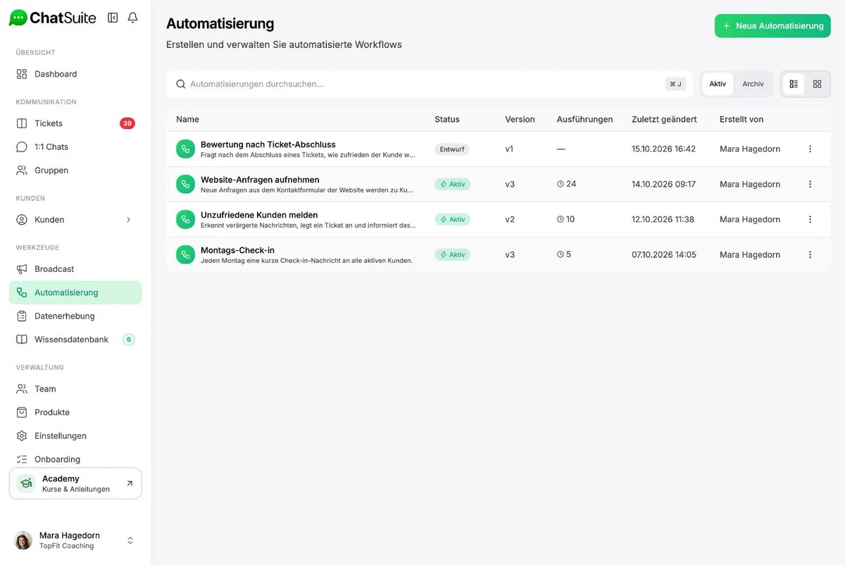 Automatisierungen in ChatSuite auf einem MacBook: die Liste mit vier Abläufen und dem Knopf Neue Automatisierung