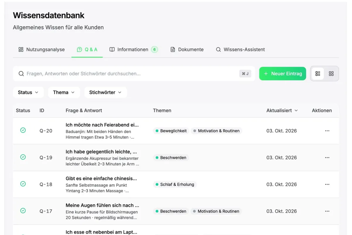 Wissensdatenbank von ChatSuite auf einem MacBook: die Liste der gepflegten Q&A-Einträge