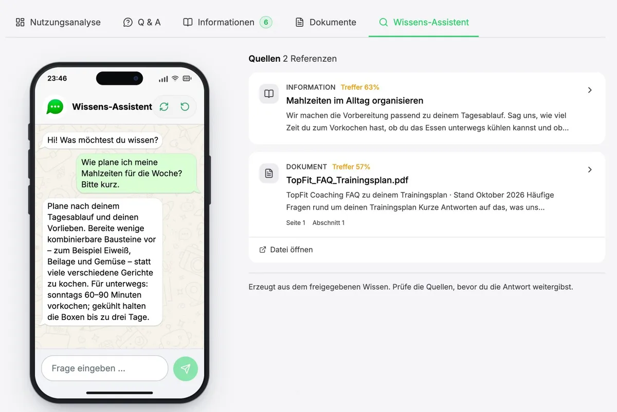 Wissensdatenbank von ChatSuite auf einem MacBook: der Wissens-Assistent beantwortet eine Frage und nennt die Quellen