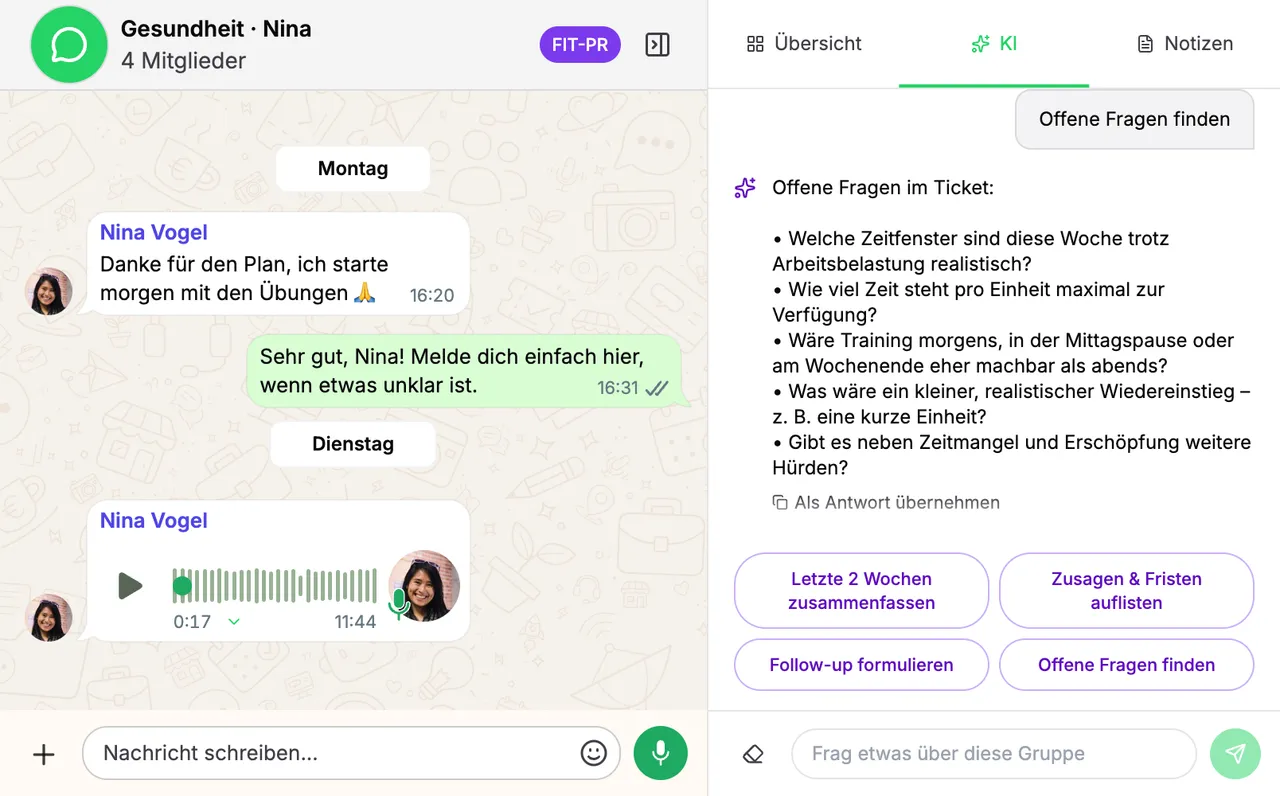KI-Tab einer Gruppe: auf die Frage nach offenen Fragen listet die KI fünf Punkte auf, darunter die Schaltflächen für weitere Fragen und das Eingabefeld