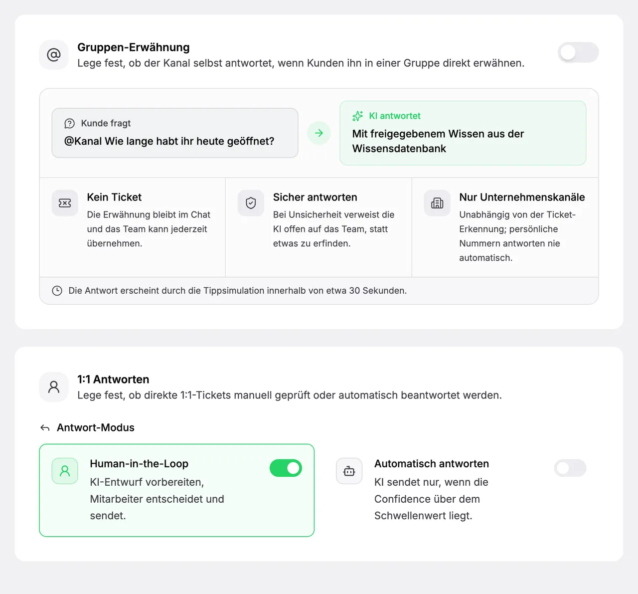 Einstellungen Antworten und KI: die Antwort bei Erwähnung des Kanals in einer Gruppe, darunter der Antwort-Modus für 1:1-Chats mit Human-in-the-Loop und Automatisch antworten