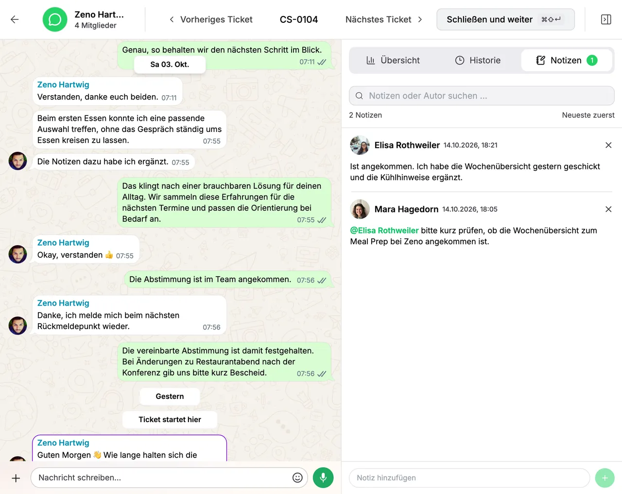 Ticket mit internen Notizen: Eine Notiz erwähnt eine Kollegin, sie antwortet darunter, daneben der Nachrichtenverlauf der Gruppe
