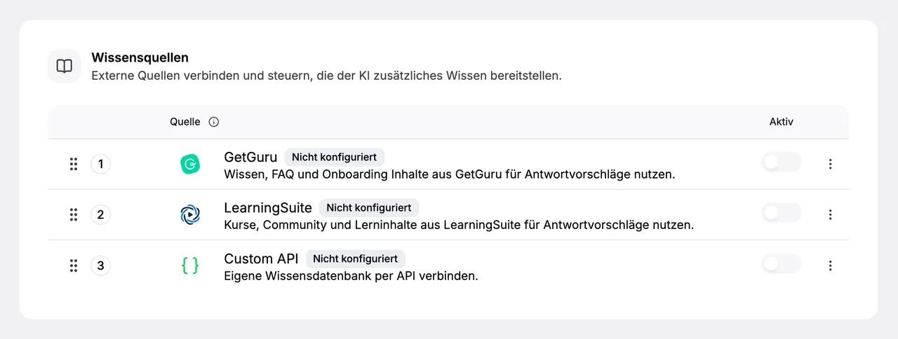 Wissensquellen in den Einstellungen: GetGuru, LearningSuite und eine eigene Datenbank per API lassen sich verbinden und einzeln ein- und ausschalten