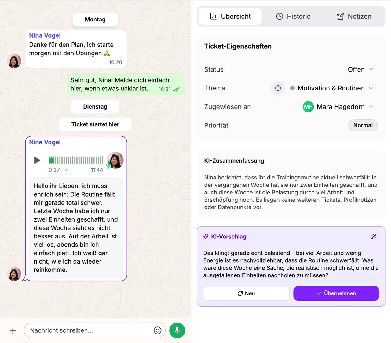 Sprachnachricht einer Kundin im Ticket mit aufgeklapptem Transkript, daneben KI-Zusammenfassung und Antwortvorschlag