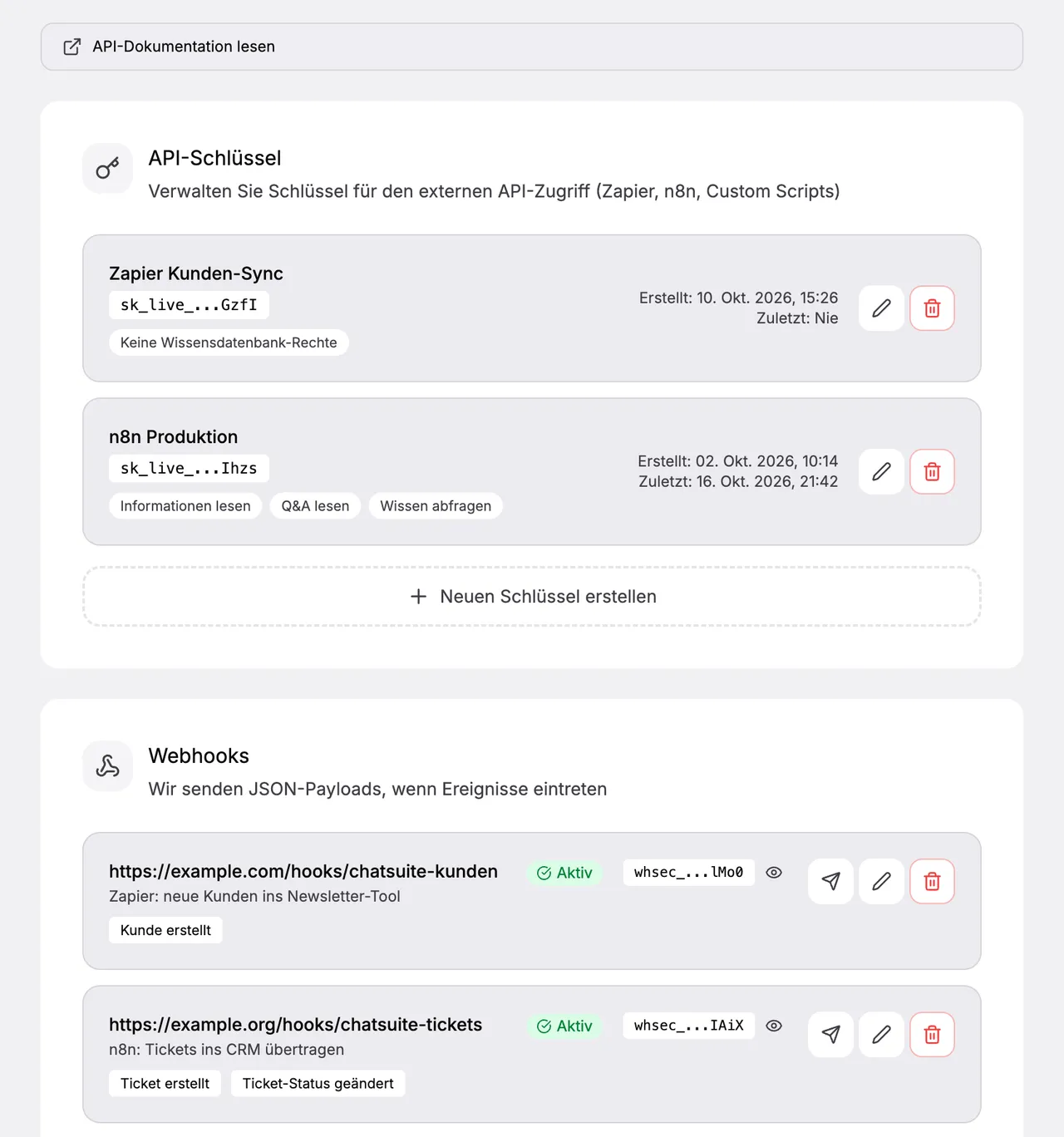 Einstellungen API: zwei API-Schlüssel mit Rechten und Nutzung, darunter zwei Webhooks mit Adresse, Status und ausgewählten Ereignissen