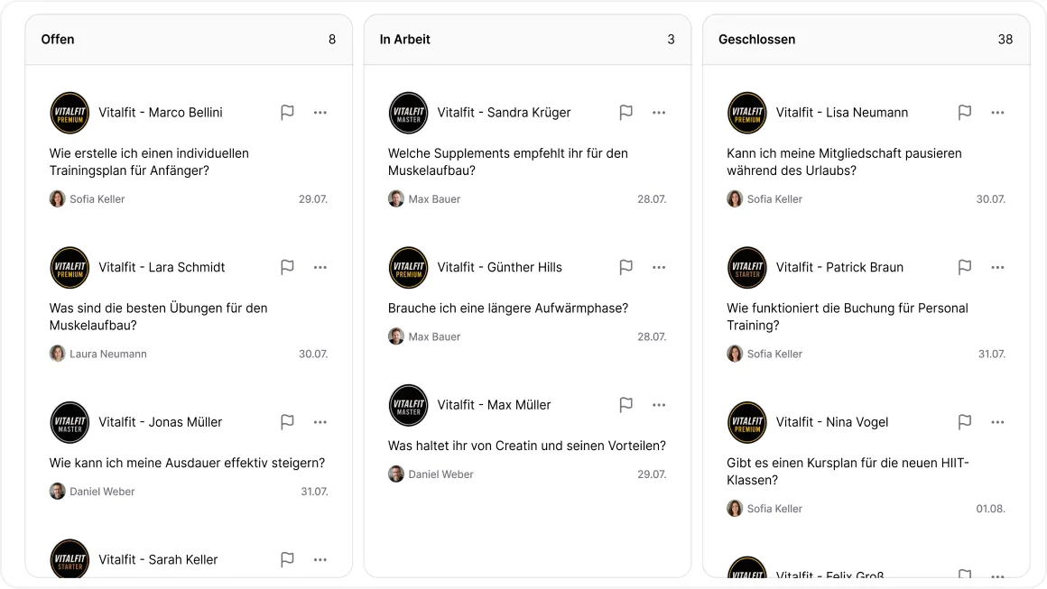 Ticket-Board mit den Spalten Offen, In Arbeit und Geschlossen